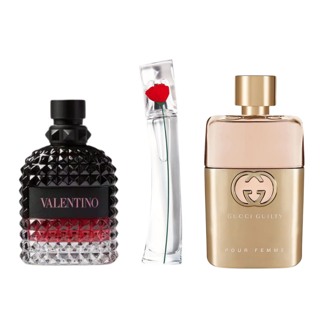 Coffret de 3 parfums : GUCCI GUILTY, VALENTINO INTENSE & FLOWER BY KENZO – 100 ml